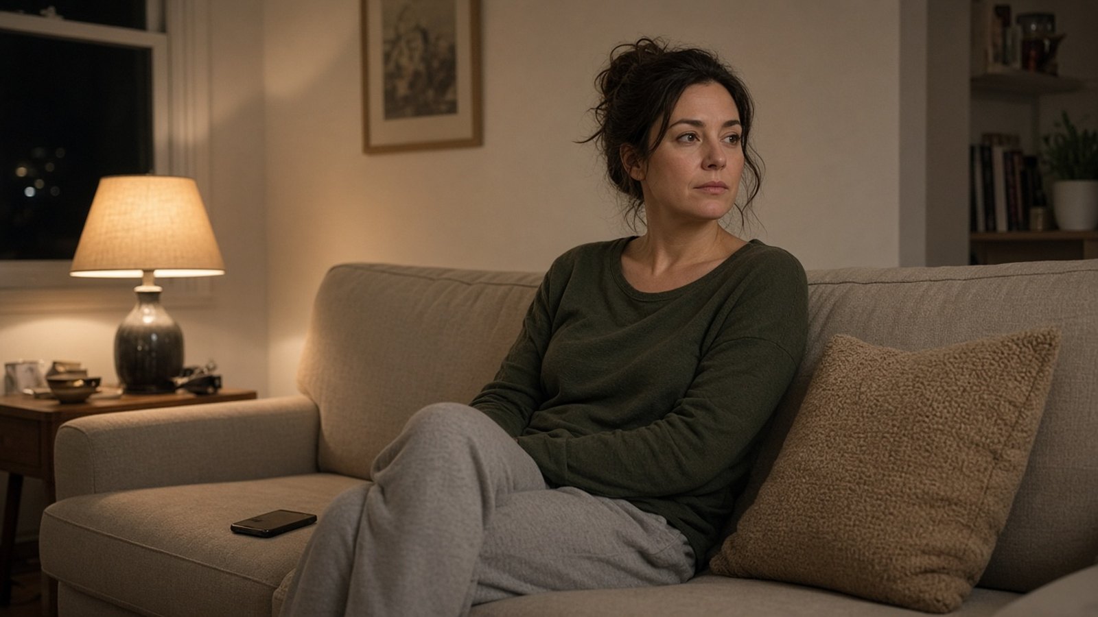 Frau sitzt abends auf dem Sofa und findet trotz Ruhe schwer in die Entspannung.