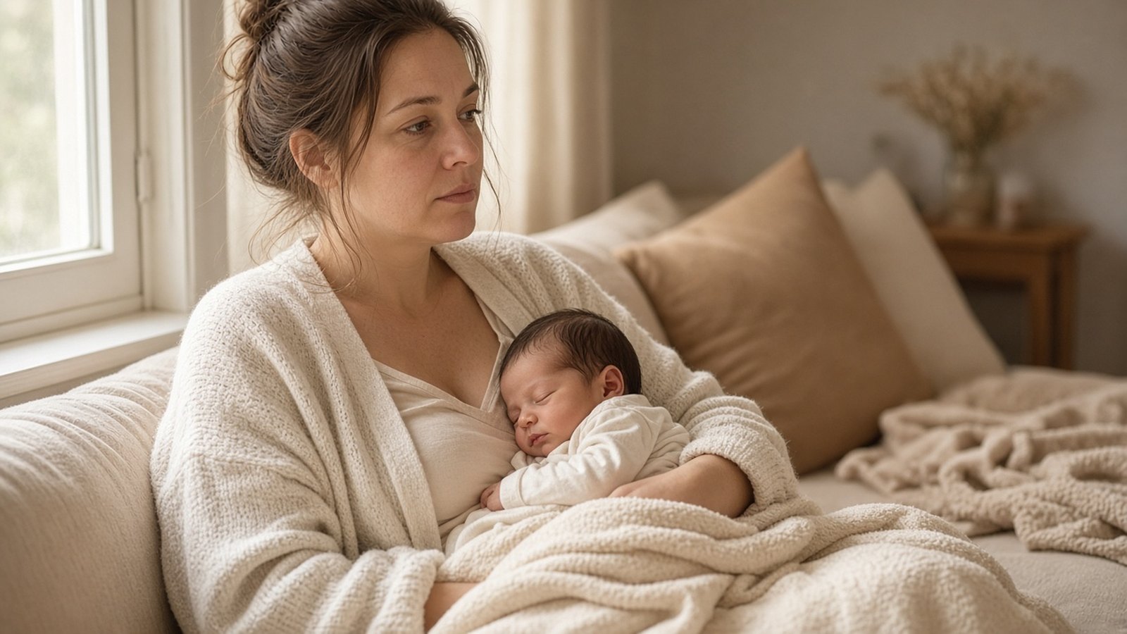 Mutter mit Baby in einem ruhigen Moment während der Zeit nach der Geburt.